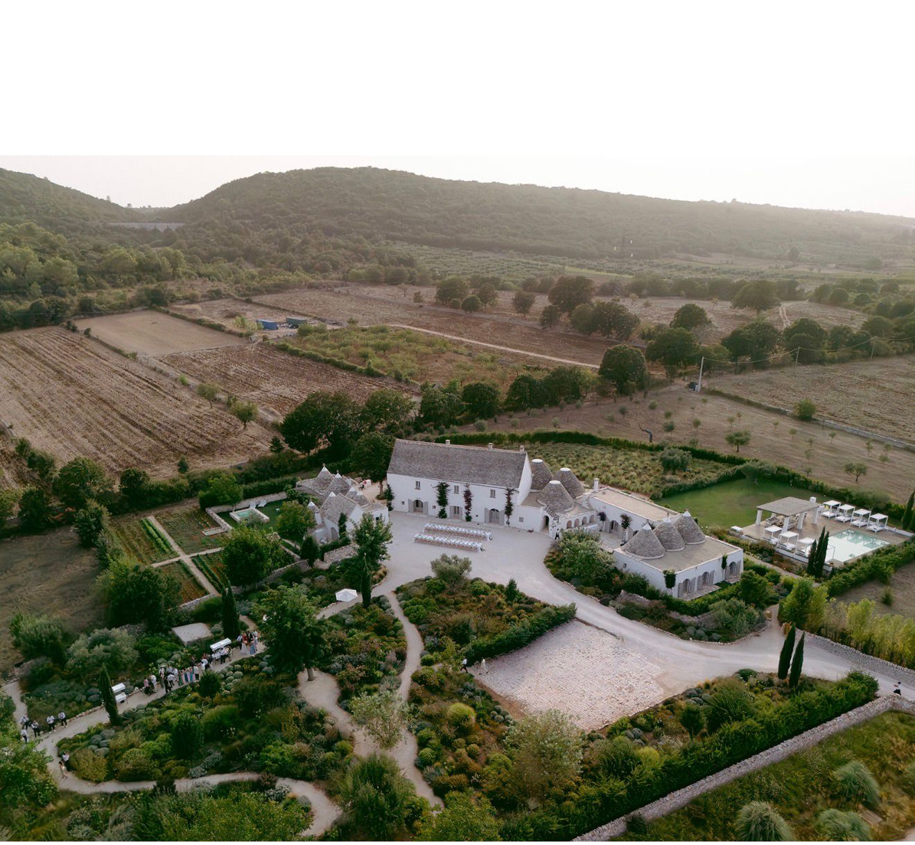 Aerial view of Masseria Pistola and the surrounding valley
